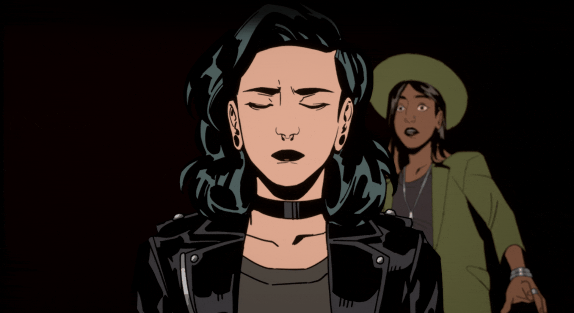 Stray Gods 2 Gros plan sur le visage de Grace, le protagoniste principal de Stray Gods. Ses yeux sont ouverts et brillent d'une lumière jaune intense. Freddie est derrière elle, l'air effrayé.