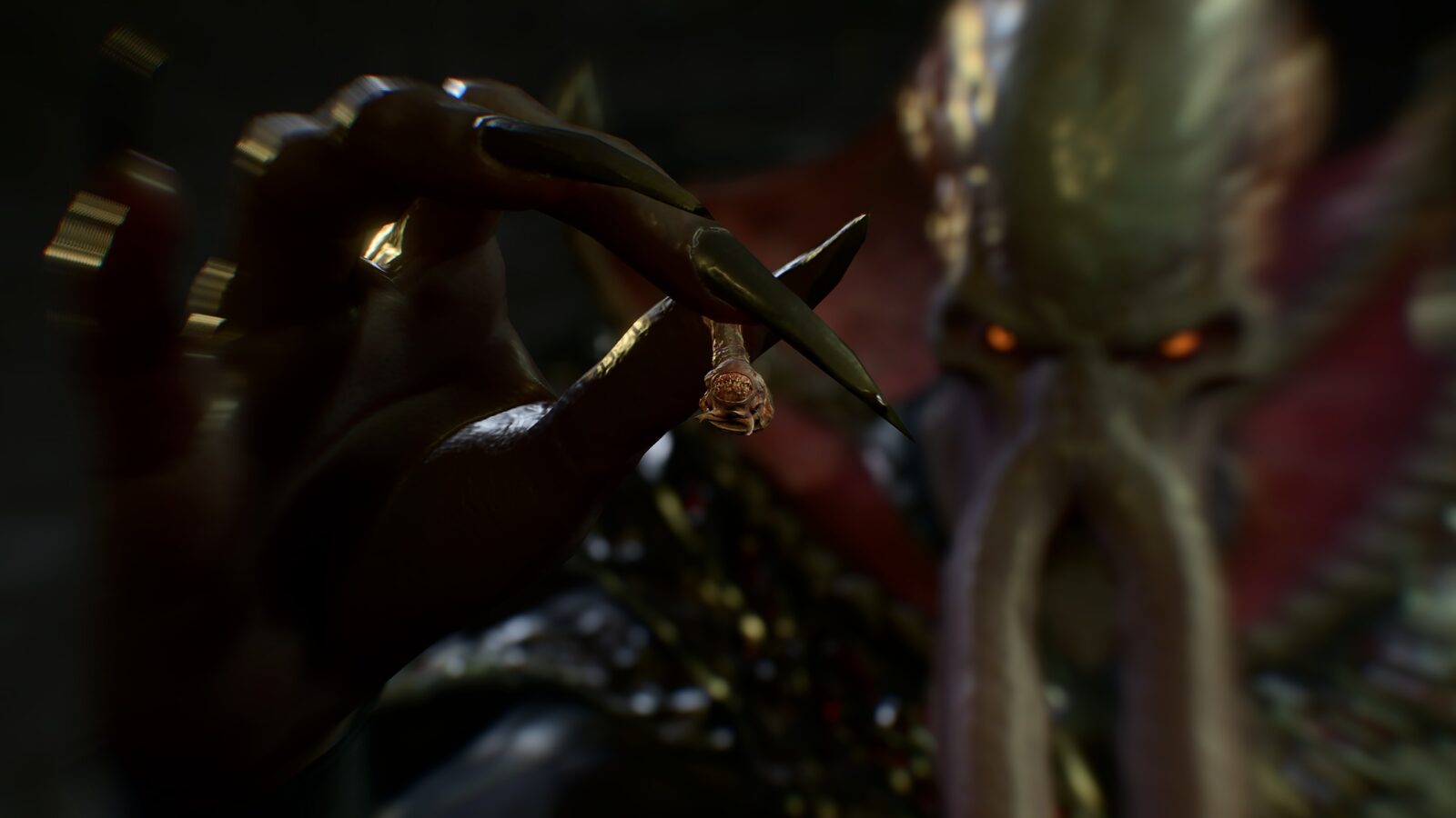 Baldur's Gate III 1 Un ilithid, flagelleur mental de Donjons & Dragons illustré dans une cinématique de Baldur's Gate III tient une larve dans sa main. Elle a un aspect terrifiant et une gueule remplie de dents acérées.
