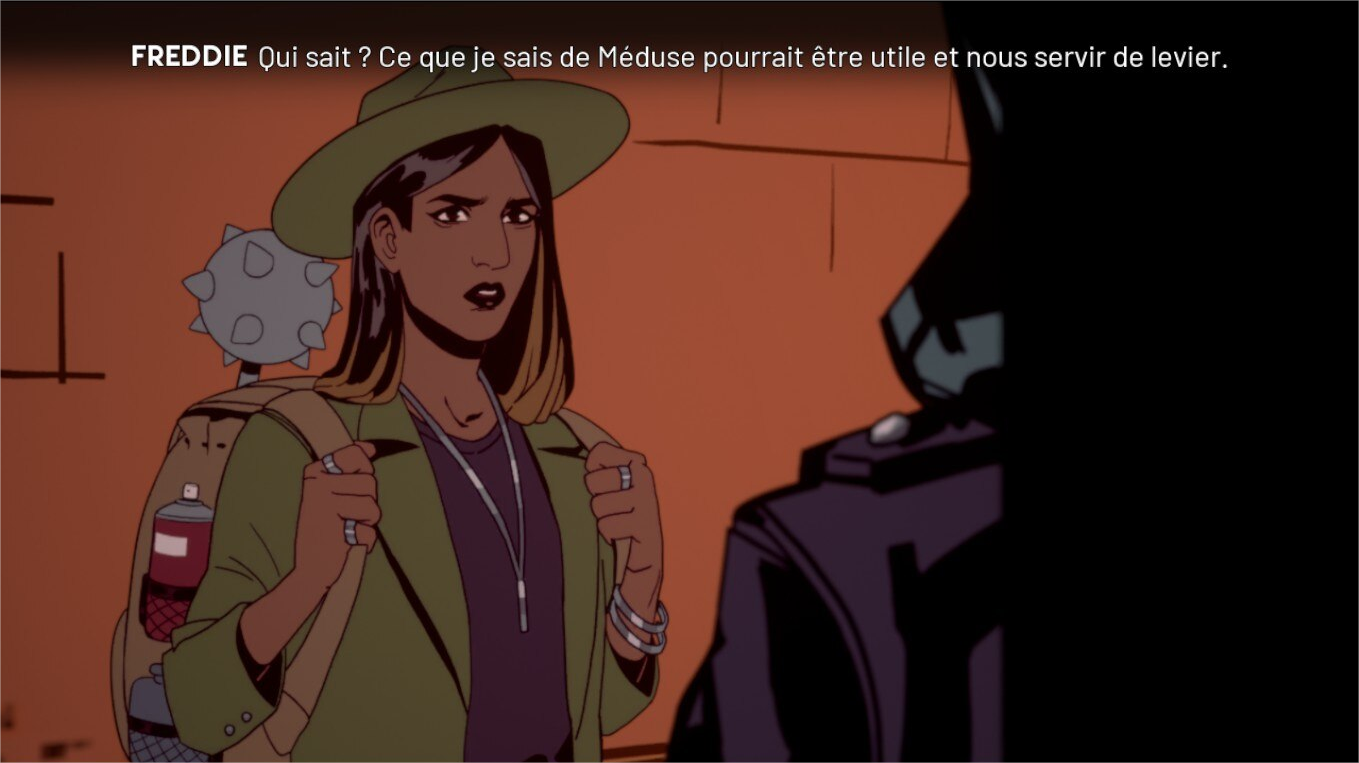 Stray Gods 4 Grace, protagoniste principal de Stray Gods est de dos. Elle fait face à Freddie, sa meilleure amie, qui porte un sac à dos. Il dépasse de son sac une bombe aérosol et une Morgenstern. Elle semble déterminée.