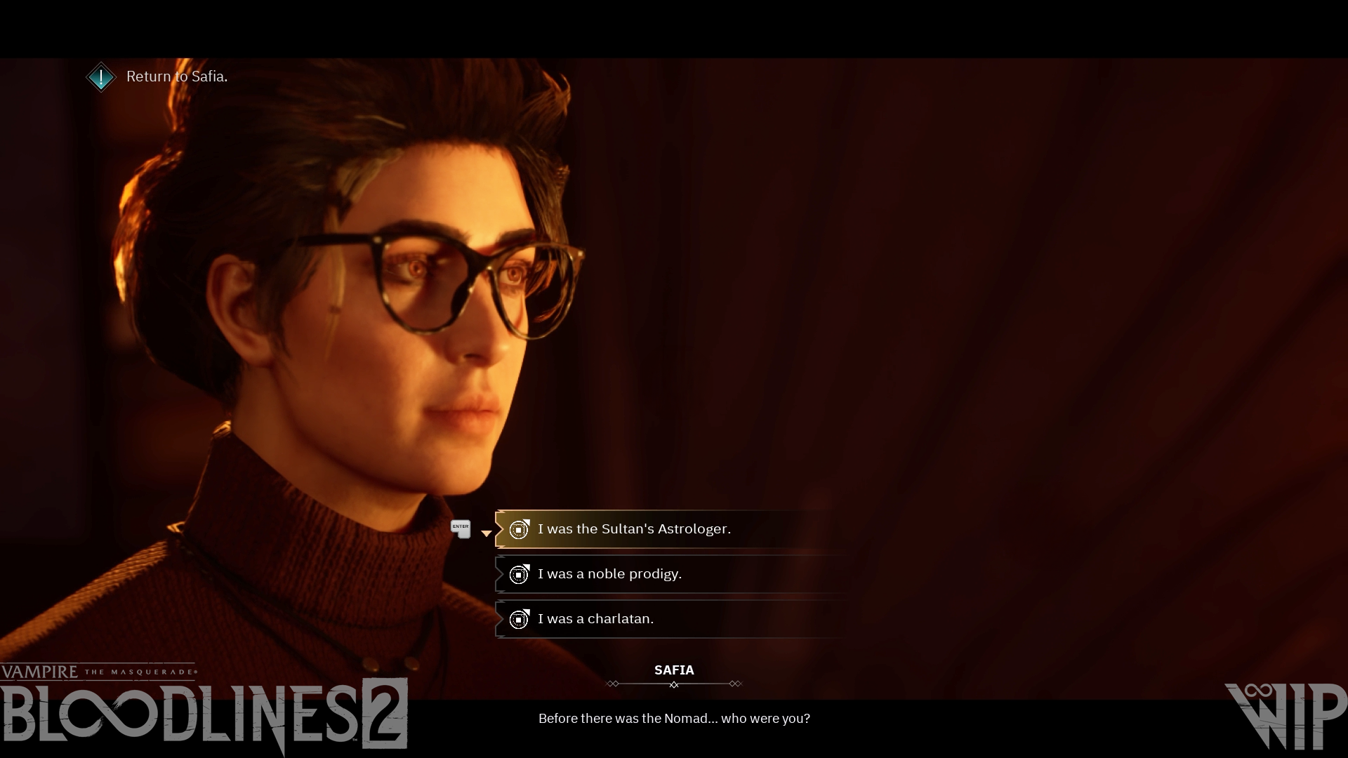 NEWS – Vampire : The Masquerade – Bloodlines 2 : Le nomade 6 6. Capture d'écran dans le jeu de Safia discutant de la légende du nomade.