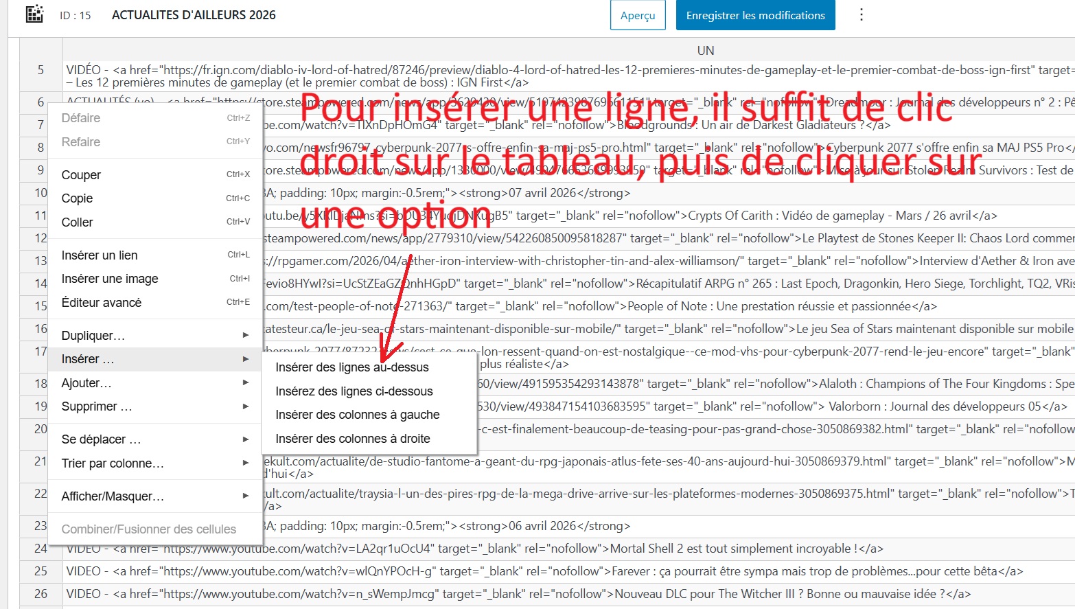 Ajouter vos actualités d'ailleurs 2 Utilisation tablepress 01