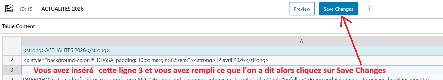 Ajouter vos actualités d'ailleurs 6 Utilisation tablepress 05